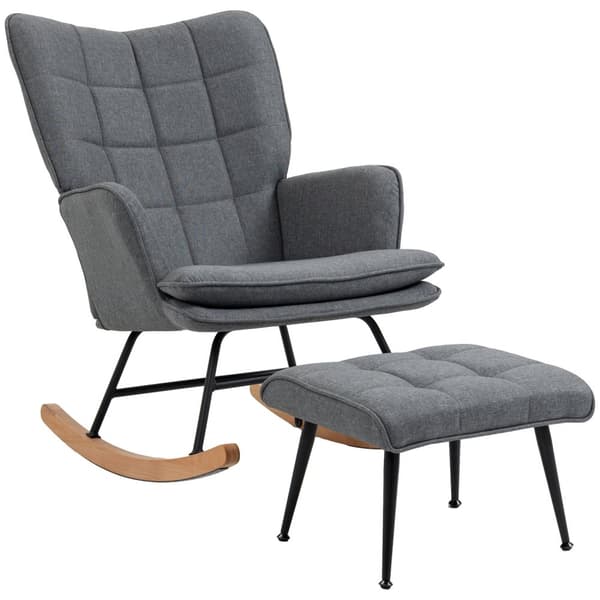 Gyngestol, op til 130 kg, gyngestol med skammel, lænestol, ammestol med linned look, gyngestol til soveværelse