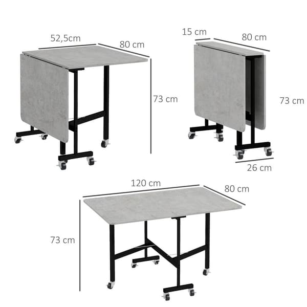 Ruokapöytä, kokoontaitettava keittiöpöytä pyörillä, teräsjalat, taittopöytä 4-6 hengelle, ruokapöytä, 52,5-120 x 80 x 73 cm