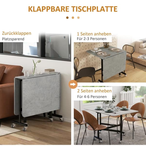 Ruokapöytä, kokoontaitettava keittiöpöytä pyörillä, teräsjalat, taittopöytä 4-6 hengelle, ruokapöytä, 52,5-120 x 80 x 73 cm