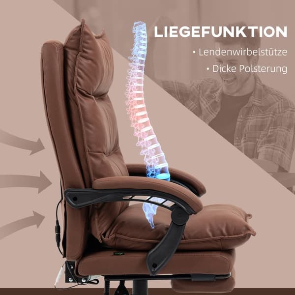 Kontorstol med massasjefunksjon, 155° tilt, svingstol med armlen, ergonomisk skrivebordsstol, brun