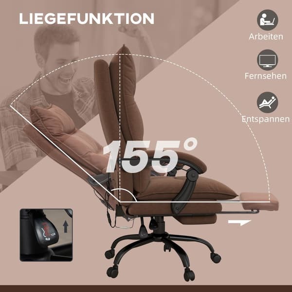 Kontorstol med massasjefunksjon, 155° tilt, svingstol med armlen, ergonomisk skrivebordsstol, brun