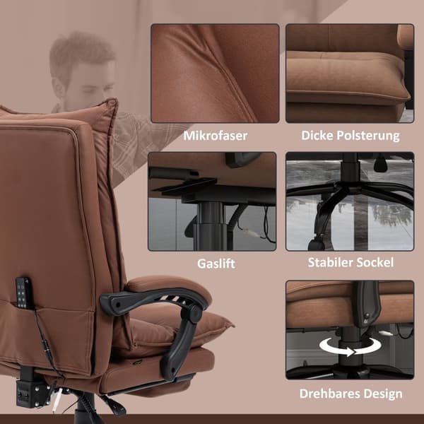 Kontorstol med massasjefunksjon, 155° tilt, svingstol med armlen, ergonomisk skrivebordsstol, brun