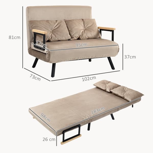 2-istuttava sohva nukkumistoiminnolla, 102x73x81cm, viiteen suuntaan säädettävä selkänoja, heittotyyny, liukumattomat jalat, samettinen look, vaaleanr