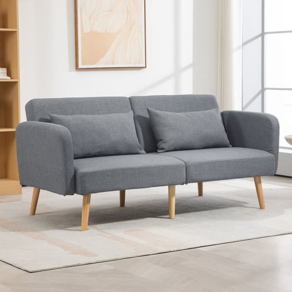 3-sits soffa med sovfunktion, 170x83x80cm, med 3-stegs justerbart ryggstöd och fötter, vågfjädrar, kuddar, linnelook, grå
