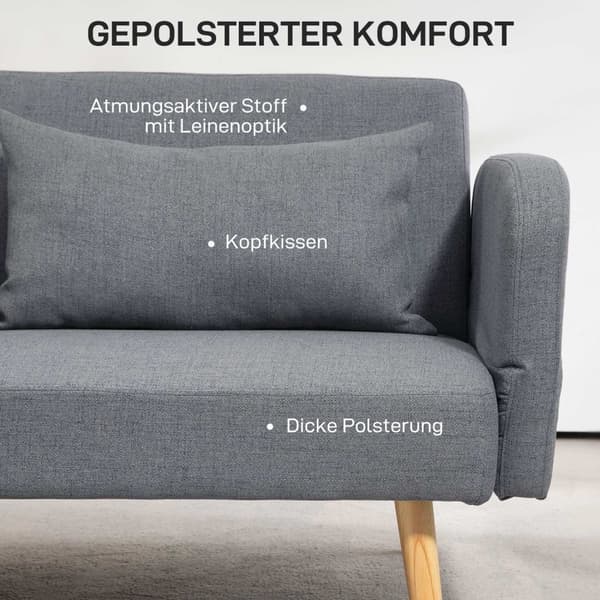 3-sits soffa med sovfunktion, 170x83x80cm, med 3-stegs justerbart ryggstöd och fötter, vågfjädrar, kuddar, linnelook, grå