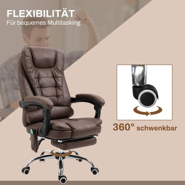 Kontorstol med massasjefunksjon, ergonomisk skrivebordsstol med ligge- og varmefunksjon, høydejusterbar datastol med fotstøtte