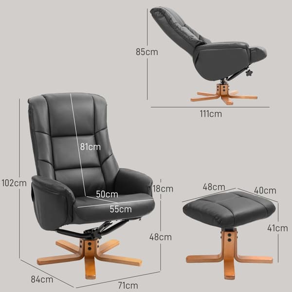 Avslapningsstol med krakk, 360° roterbar, 130° tiltbar, med liggefunksjon, høy ryggstøtte, treramme, imitert skinn, 76x85x104cm, svart