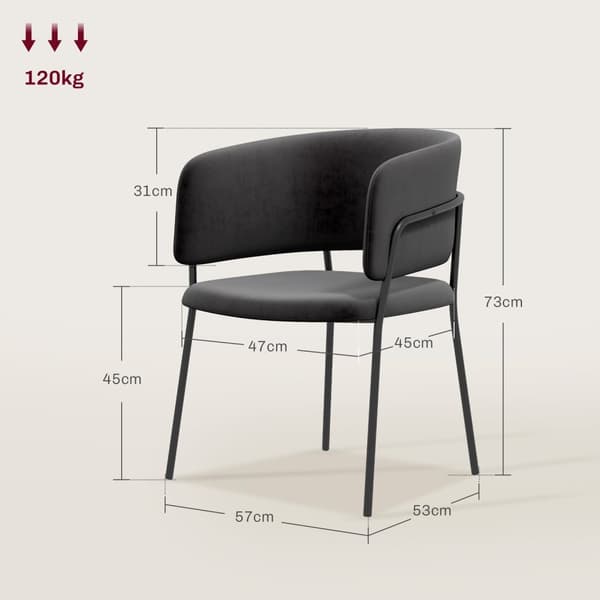 Spisestuestoler sett med 2 kjøkkenstoler med ryggstøtte, stålben, polstret stol med fløyelslook til stue, kjøkken, grå 57 x 53 x 73 cm