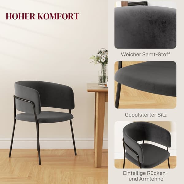 Spisestuestoler sett med 2 kjøkkenstoler med ryggstøtte, stålben, polstret stol med fløyelslook til stue, kjøkken, grå 57 x 53 x 73 cm