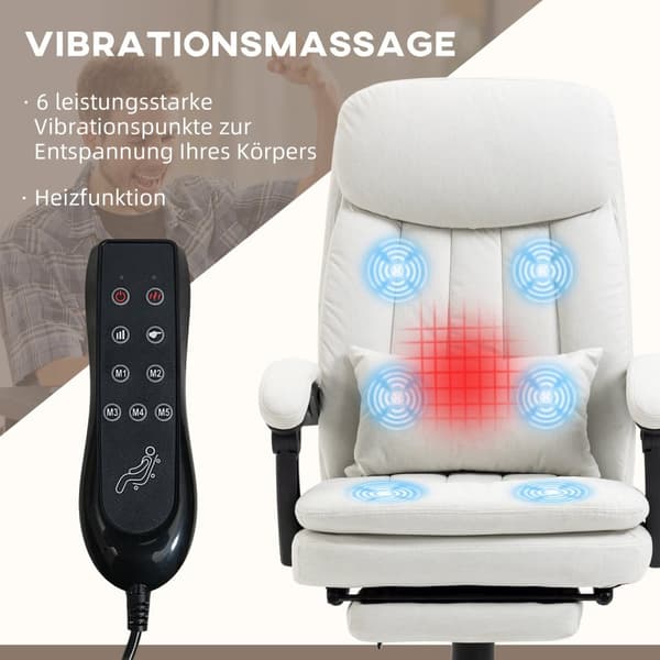 Kontorstol med massasjefunksjon, ergonomisk skrivebordsstol, høydejusterbar lederstol, kremhvit