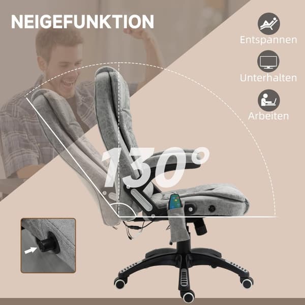Kontorstol med massasje- og varmefunksjon, ergonomisk, høydejusterbar, glatt, 6 massasjepunkter, 68W x 72D x 110-120H cm, Grå