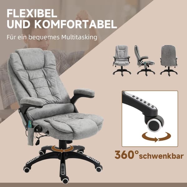 Kontorstol med massasje- og varmefunksjon, ergonomisk, høydejusterbar, glatt, 6 massasjepunkter, 68W x 72D x 110-120H cm, Grå