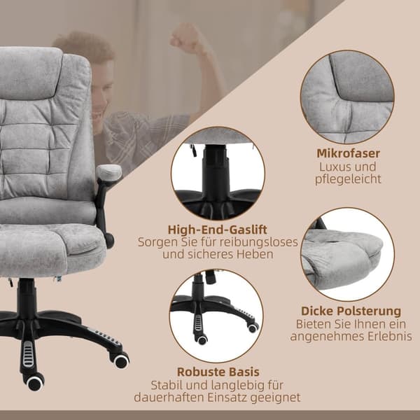 Kontorstol med massasje- og varmefunksjon, ergonomisk, høydejusterbar, glatt, 6 massasjepunkter, 68W x 72D x 110-120H cm, Grå