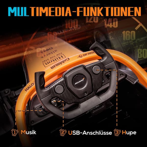 McLaren børnebil, med 2 gear, 2 motorer, fjernbetjening, MP3 USB, affjedring, horn, til 3-5 år børn, bæreevne 30 kg, orange