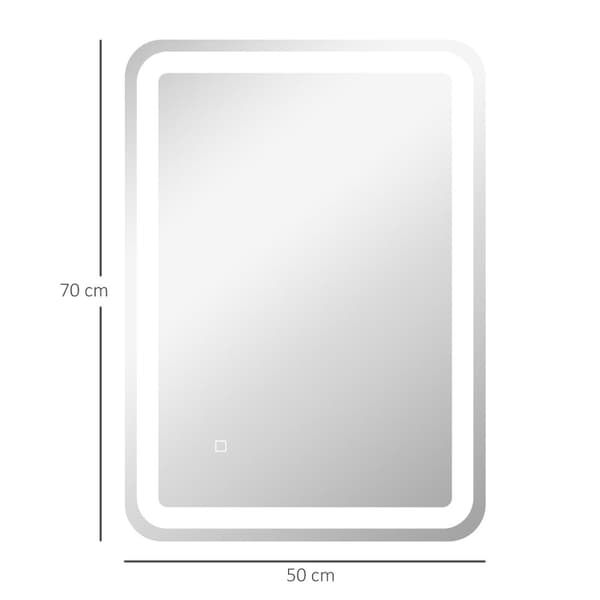 Badeværelsesspejl LED, 50 x 70 cm, IP44, med 3 lysfarver, touch-kontakt, automatisk anti-dug, memory funktion, hærdet glas, sølv