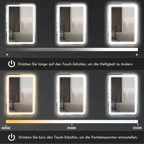 Badeværelsesspejl LED, 50 x 70 cm, IP44, med 3 lysfarver, touch-kontakt, automatisk anti-dug, memory funktion, hærdet glas, sølv
