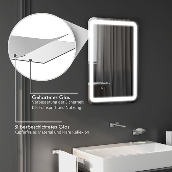 Badeværelsesspejl LED, 50 x 70 cm, IP44, med 3 lysfarver, touch-kontakt, automatisk anti-dug, memory funktion, hærdet glas, sølv