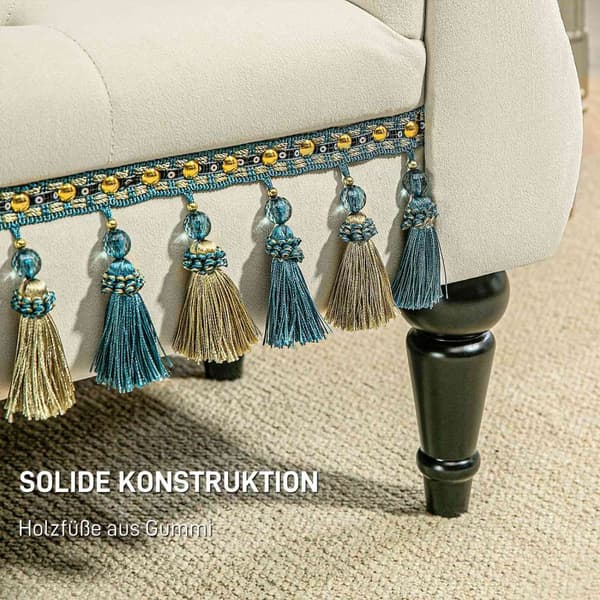 Polstret bænk soveværelse, med opbevaringsplads, armlæn, træben, vintage design, fløjl look, bæreevne 150 kg, 117 x 40 x 58 cm, beige