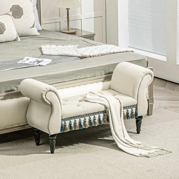 Polstret bænk soveværelse, med opbevaringsplads, armlæn, træben, vintage design, fløjl look, bæreevne 150 kg, 117 x 40 x 58 cm, beige