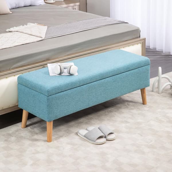 Bænk polstret bænk med opbevaringsplads sengebænk med linned look til entre soveværelse stue gummi træ blå 110 x 39 x 45 cm