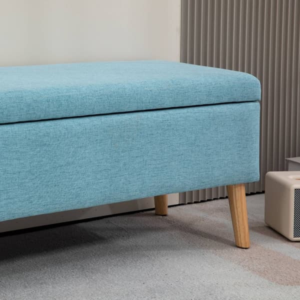 Bænk polstret bænk med opbevaringsplads sengebænk med linned look til entre soveværelse stue gummi træ blå 110 x 39 x 45 cm