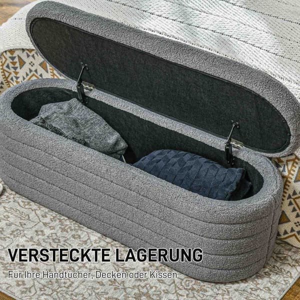 Sengebenk på soverom, med oppbevaringsplass, treben, høy stabilitet, teddy fleece, bæreevne 120 kg, 116 x 41 x 40,5 cm, lys grå