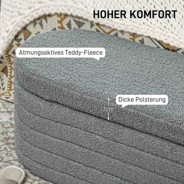 Sengebenk på soverom, med oppbevaringsplass, treben, høy stabilitet, teddy fleece, bæreevne 120 kg, 116 x 41 x 40,5 cm, lys grå