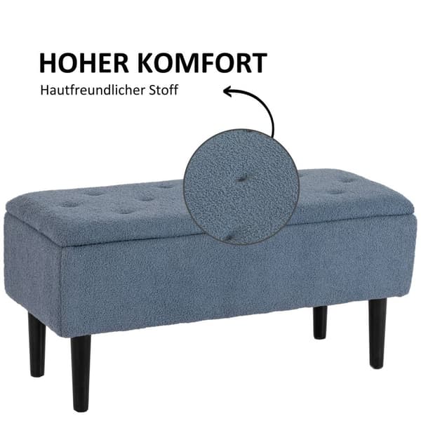 Benk med oppbevaringsplass, sengebenk, polstret benk med sammenleggbart lokk, brystbenk, til stue, soverom, blå, 95 x 38 x 45 cm