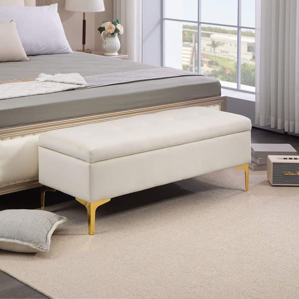 Bænk med opbevaringsplads, polstret bænk med fløjlslook, metalben, sengebænk til stue, soveværelse, entre, 120 x 44 x 44,5 cm, beige