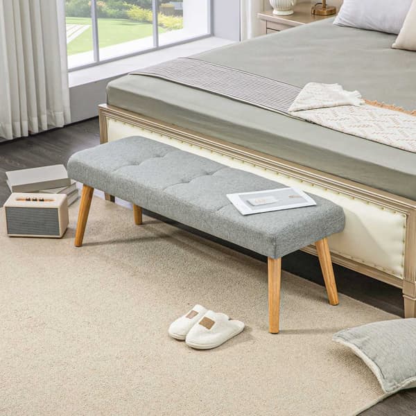 Benk, polstret benk med linlook, knappsøm, sengebenk med treben til soverom, stue, gang, 120 x 41 x 43 cm, grå