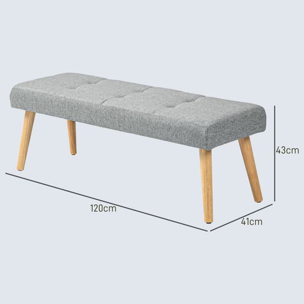 Benk, polstret benk med linlook, knappsøm, sengebenk med treben til soverom, stue, gang, 120 x 41 x 43 cm, grå