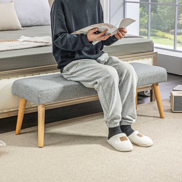 Benk, polstret benk med linlook, knappsøm, sengebenk med treben til soverom, stue, gang, 120 x 41 x 43 cm, grå