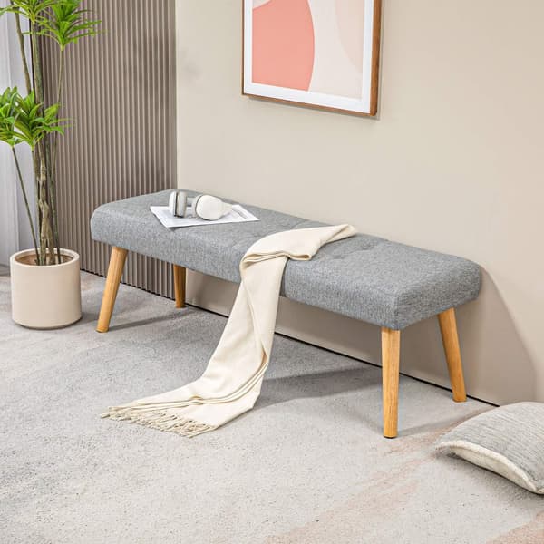 Benk, polstret benk med linlook, knappsøm, sengebenk med treben til soverom, stue, gang, 120 x 41 x 43 cm, grå