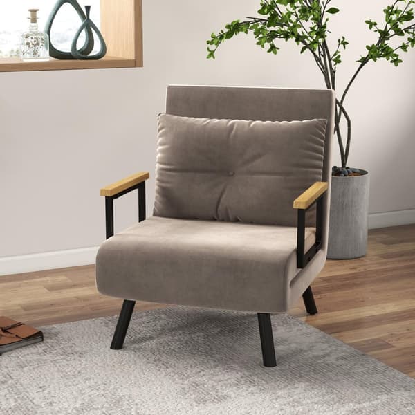 Lænestolsseng med sengefunktion, 63 x 73 x 81 cm, med fem-vejs justerbart ryglæn, pladsbesparende, robust, fløjlslook, lysebrun