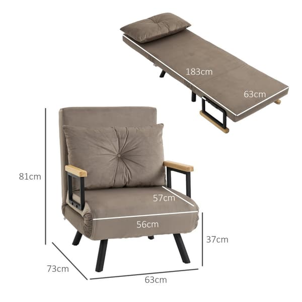 Lænestolsseng med sengefunktion, 63 x 73 x 81 cm, med fem-vejs justerbart ryglæn, pladsbesparende, robust, fløjlslook, lysebrun