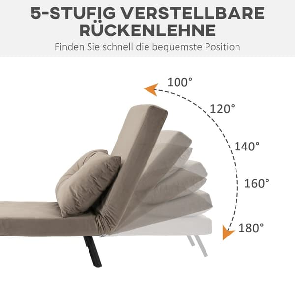 Lænestolsseng med sengefunktion, 63 x 73 x 81 cm, med fem-vejs justerbart ryglæn, pladsbesparende, robust, fløjlslook, lysebrun