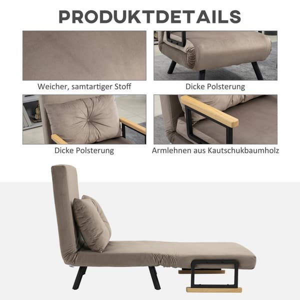 Lænestolsseng med sengefunktion, 63 x 73 x 81 cm, med fem-vejs justerbart ryglæn, pladsbesparende, robust, fløjlslook, lysebrun