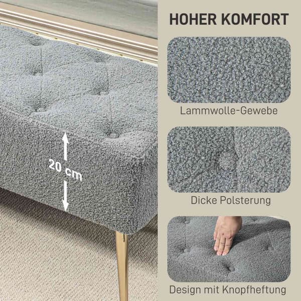 Bänkklädd bänk med lammullslook, knappsömmar, sängbänk med stålben, för sovrum, vardagsrum, hall, 112x41x46cm, grå