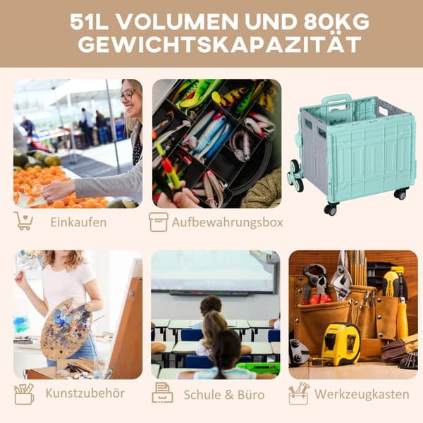 Sammenleggbar handlevogn, bærbar opp til 80 kg, handlevogn med justerbart teleskophåndtak, lokk, transportvogn, grønn
