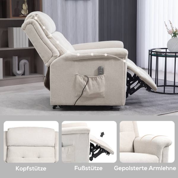 Massagestol ståhjælp, elektrisk, 180° vipbar, med lænefunktion, fjernbetjening, sidelomme, 92L x 87W x 108H cm, lysegråAoso