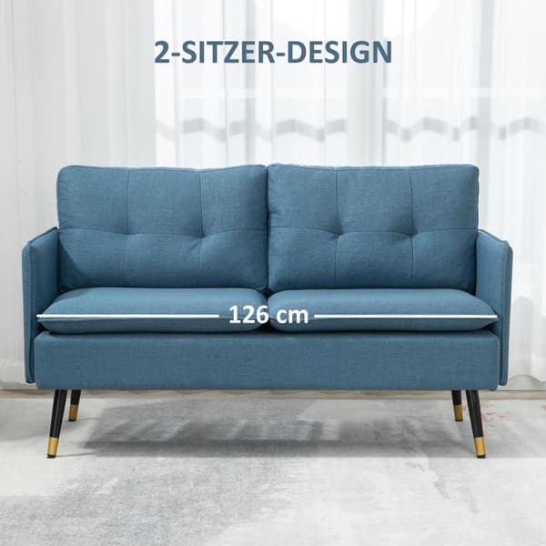 2-seters sofa, sofa med tykk pute, polstret sofa med stålben, moderne dobbel sofa for stue, soverom, mørkeblå