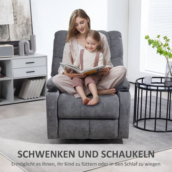 TV-fåtölj med liggfunktion, 360° vridbar, 135° tiltbar, med pocketfjäderkärna, elastiska remmar, mugghållare, 88x96x108cm mörkgrå