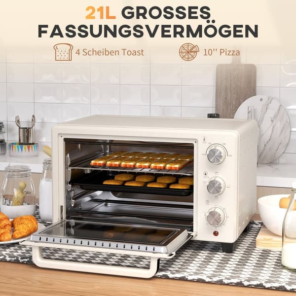 Miniovn 21L pizzaovn miniovn stekebrett grillrist smulebrett 1400W bordovn 1t timer 100-230°C metallkrem