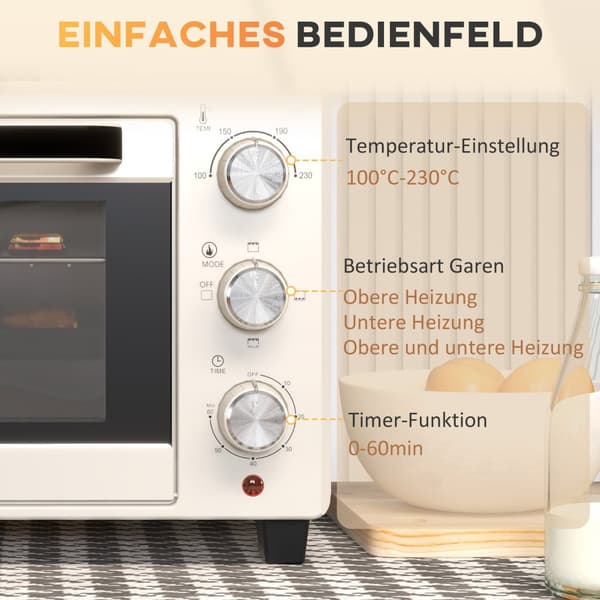 Miniovn 21L pizzaovn miniovn stekebrett grillrist smulebrett 1400W bordovn 1t timer 100-230°C metallkrem