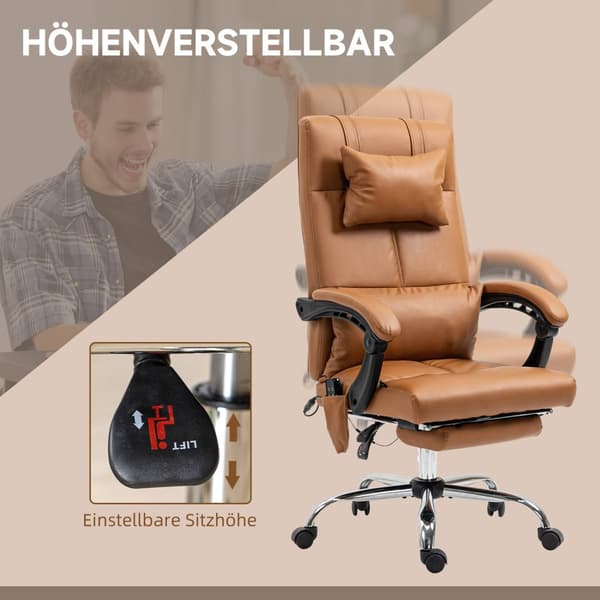 Kontorstol med massasjefunksjon, lumbalvarme, 6 massasjepunkter, 5 moduser, belastning 120 kg, 66x67x115-123cm, kunstskinn, lysebrun