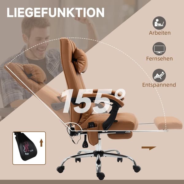 Kontorstol med massasjefunksjon, lumbalvarme, 6 massasjepunkter, 5 moduser, belastning 120 kg, 66x67x115-123cm, kunstskinn, lysebrun