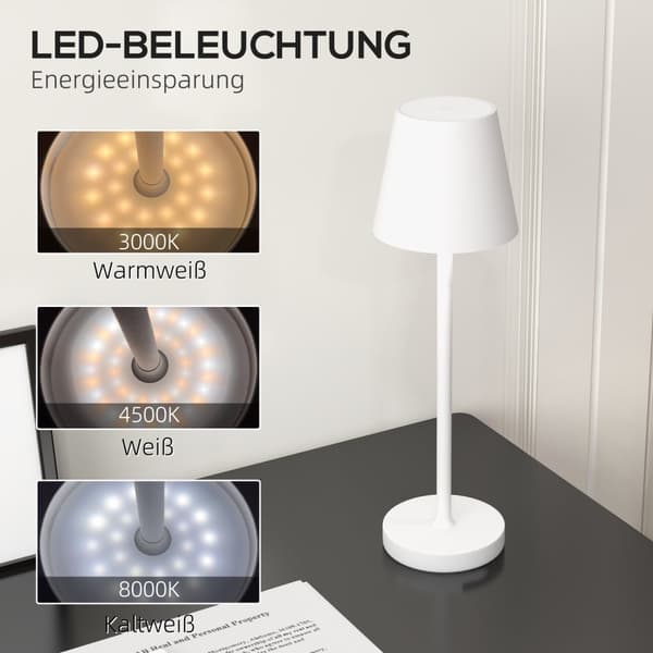 Bordslampa Uppladdningsbar USB-bordslampa med 3 ljusfärger, bärbar USB-sänglampa med pekbrytare för vardagsrum, metall, vit