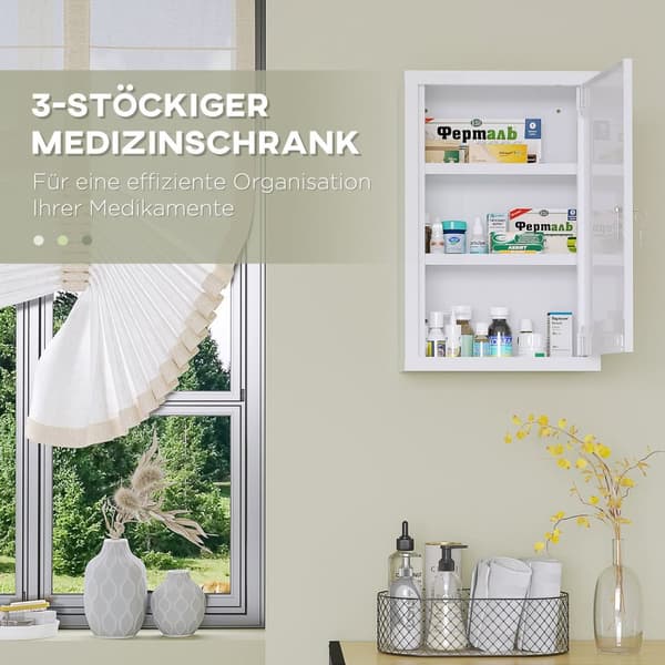 Medicinskab til hjemmet med 3 rum 30 x 14 x 46 cm Låsbar børnesikring med nøgler Koldvalset stål Hvid