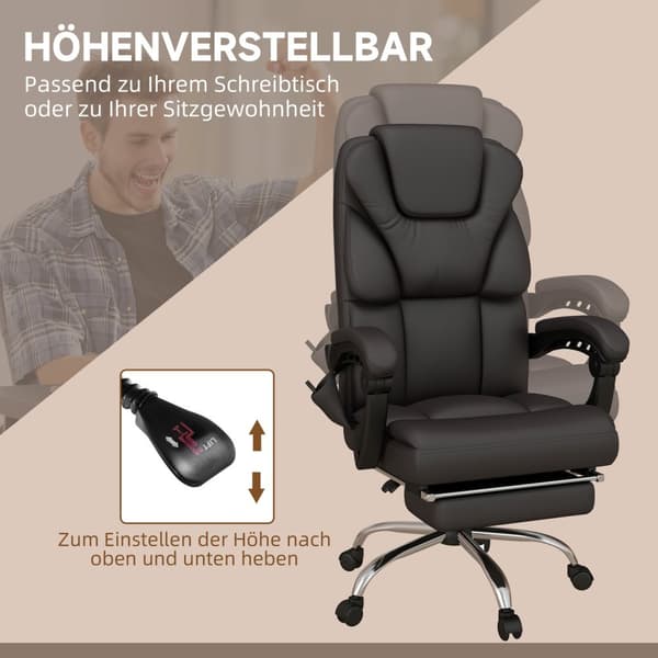 Höjdjusterbar kontorsstol med massagefunktion, ergonomisk skrivbordsstol, chefsstol, upp till 120 kg, brun