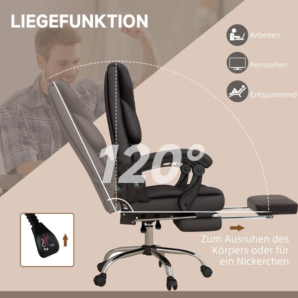 Höjdjusterbar kontorsstol med massagefunktion, ergonomisk skrivbordsstol, chefsstol, upp till 120 kg, brun